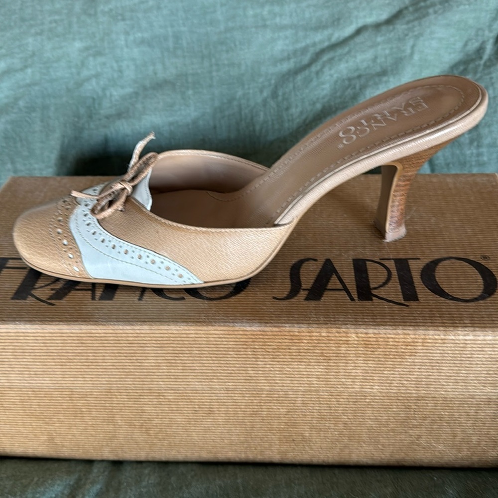 Franco Sarto Tan and Cream Mules